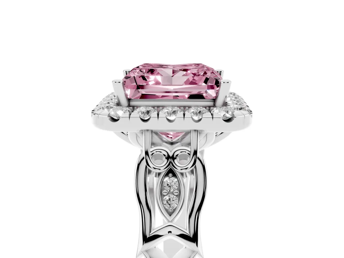 Fancy Pink Princess Cut Halo Diamond Engagement Ring with Filigree Band and Four-Prong Setting Platinum