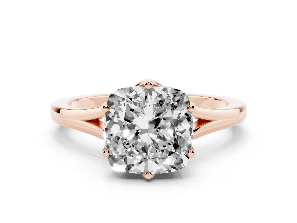 Cushion Cut Solitaire Diamond Ring with Six-Prong Setting and Tapered Band Rose gold
