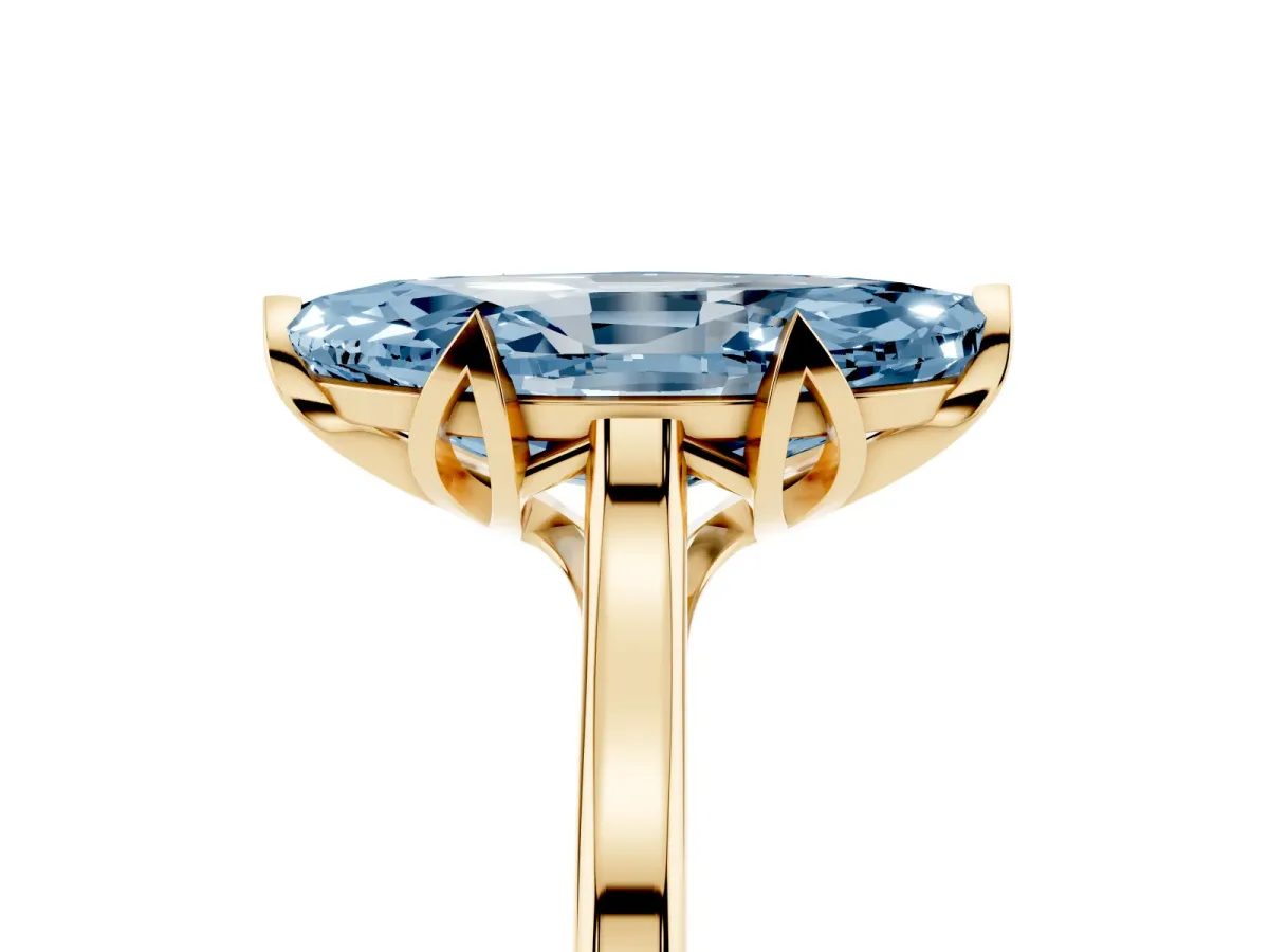 Fancy Blue Marquise Cut Diamond Solitaire Ring with Flower Prong Setting and Classic Band Yellow gold
