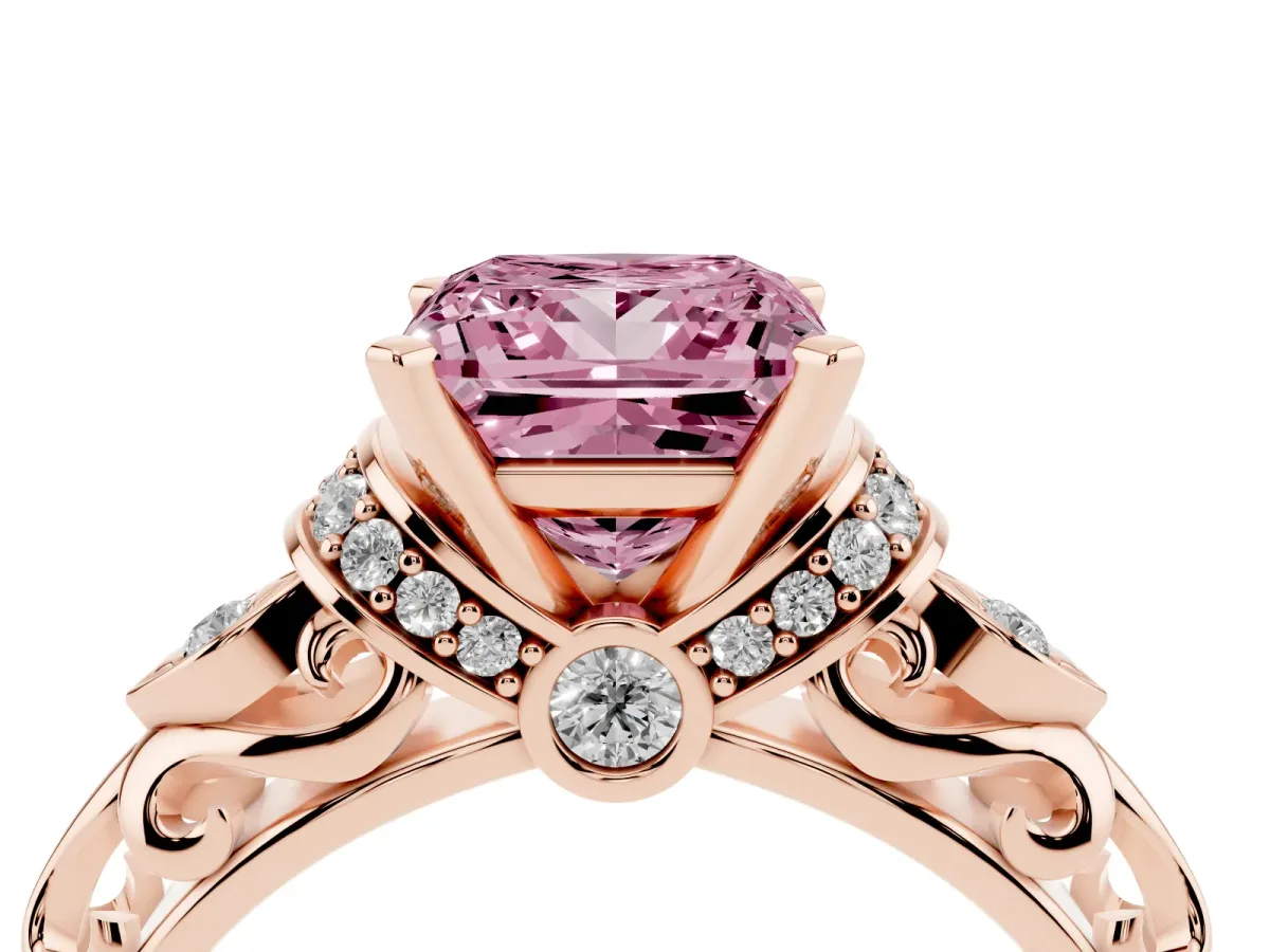Fancy Pink Princess Cut Diamond Solitaire Ring with Filigree Band and Four-Prong Setting Rose gold