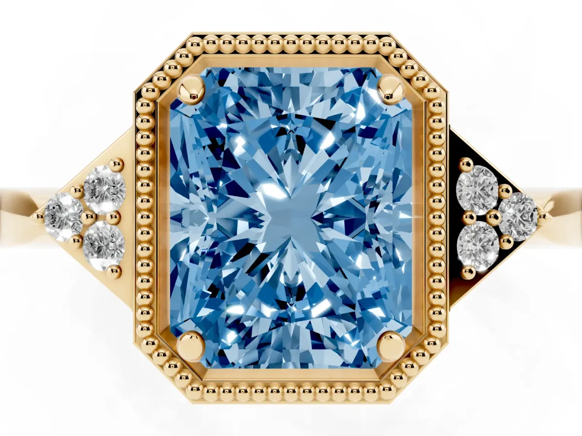 Fancy Blue Hexagonal Halo Radiant Cut Diamond Solitaire with Pavé Band and Four-Prong Setting Yellow gold