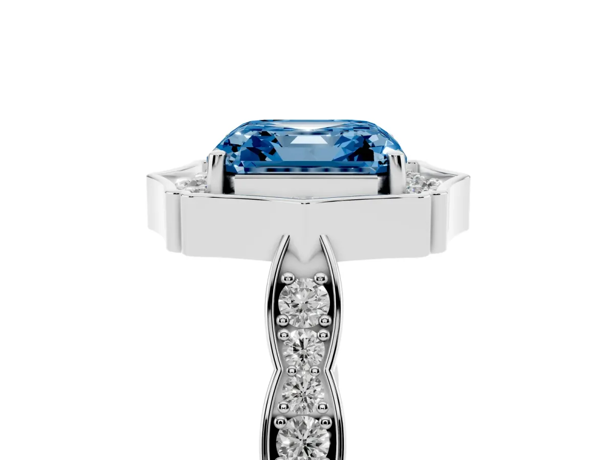 Fancy Blue Asscher Cut Halo Diamond Engagement Ring with Milgrain Band and Four-Prong Setting Silver