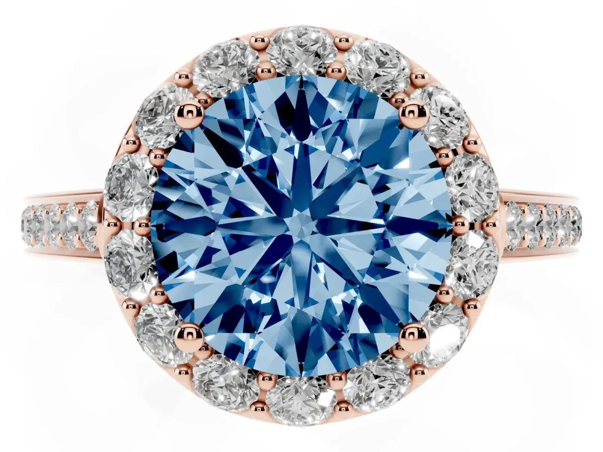 Fancy Blue Round Cut Diamond Floral Halo Ring with Pavé Band and Prong Setting Rose gold