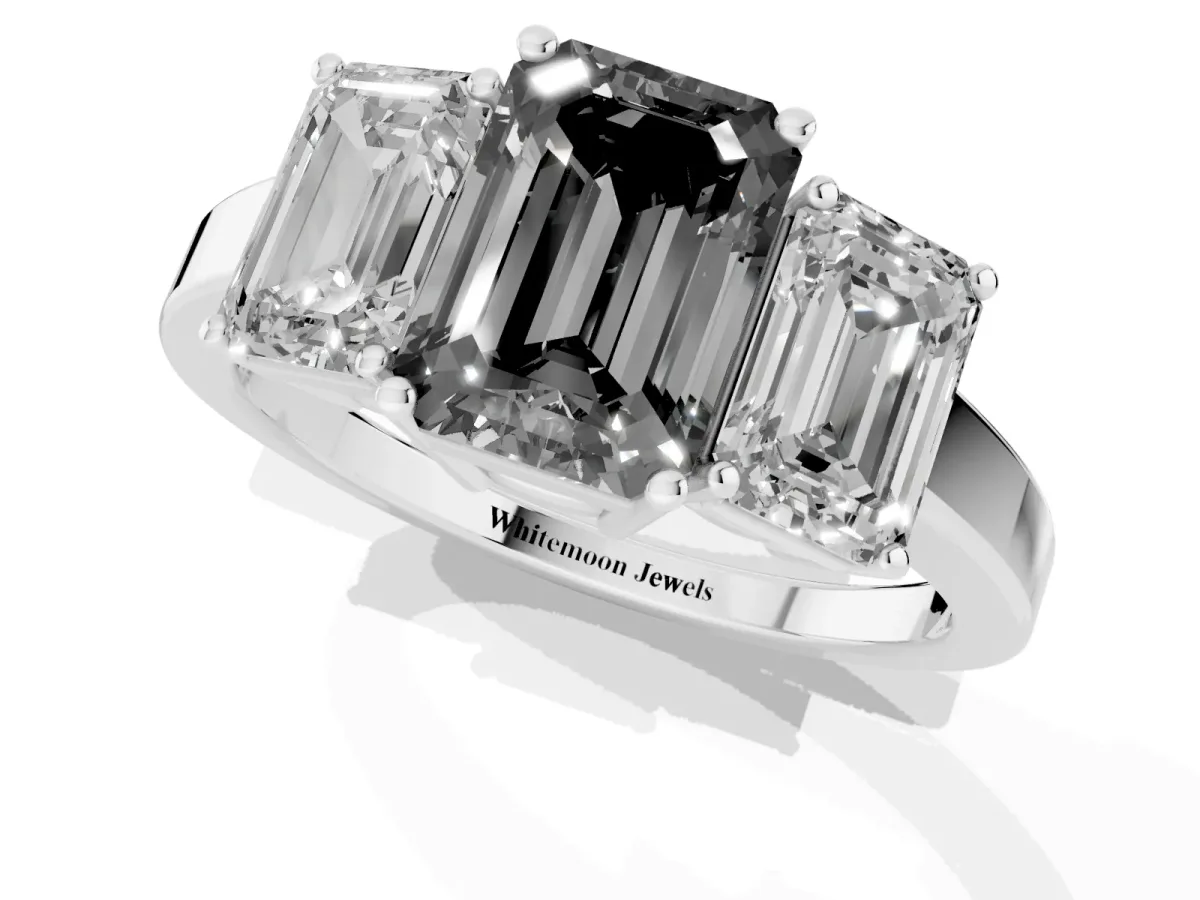 Fancy Black Three-Stone Emerald Cut Cut Diamond Engagement Ring with Flat Band and Four-Prong Setting Platinum