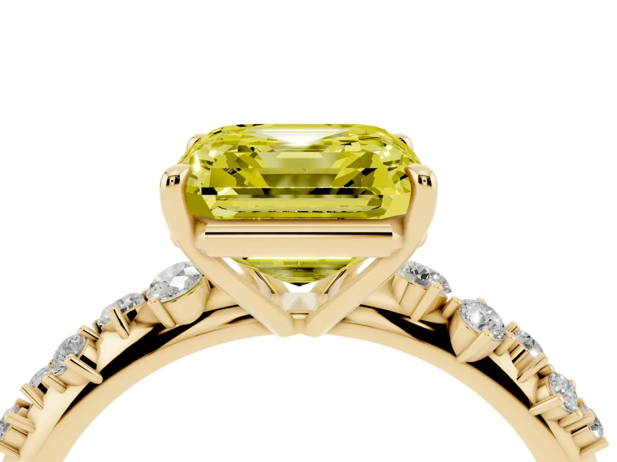 Fancy Yellow Asscher Cut Diamond Cluster Side Stone Solitaire Ring with Prong Setting Yellow gold