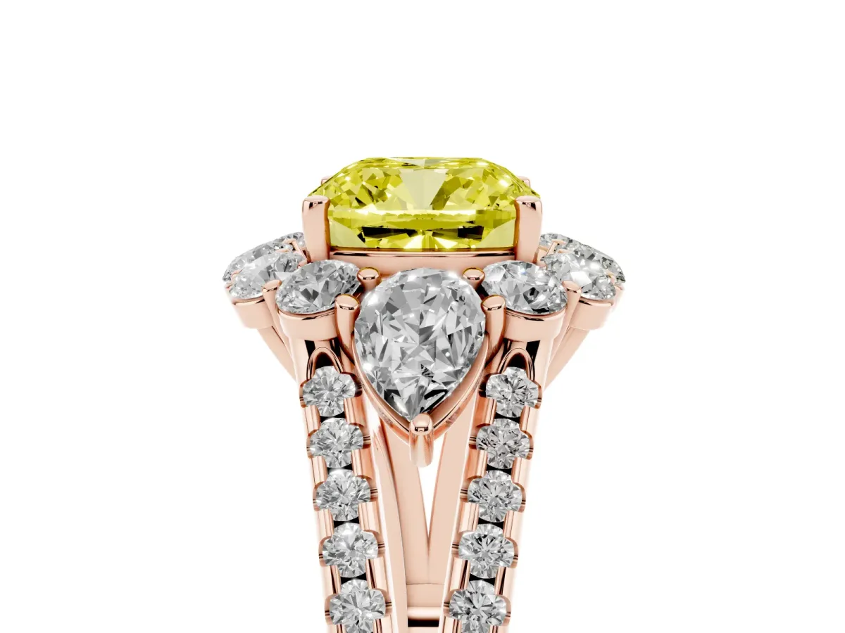 Fancy Yellow Cushion Cut Halo Split Shank Diamond Engagement Ring with Prong Setting Rose gold
