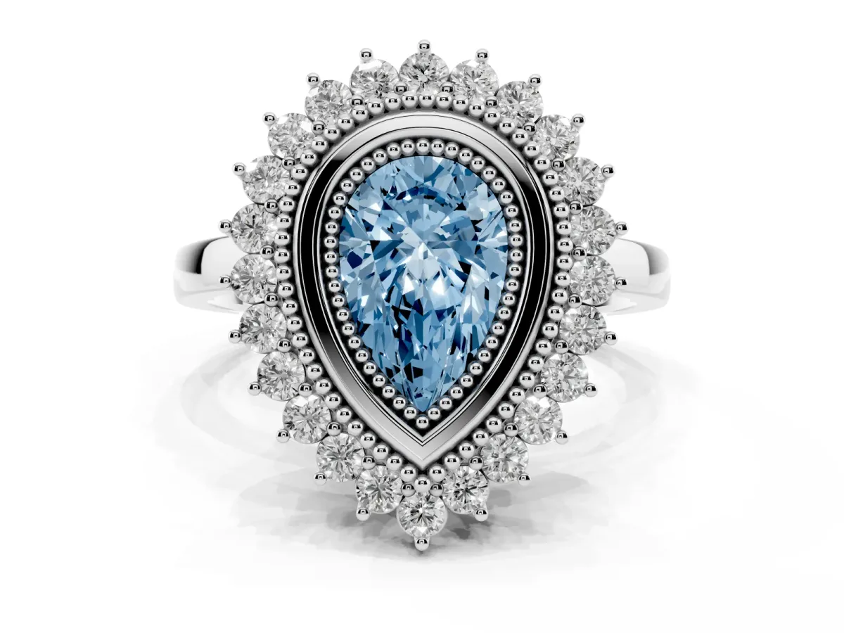 Fancy Blue Pear Cut Halo Diamond Ring with Milgrain Edge and Round Prong Setting Silver