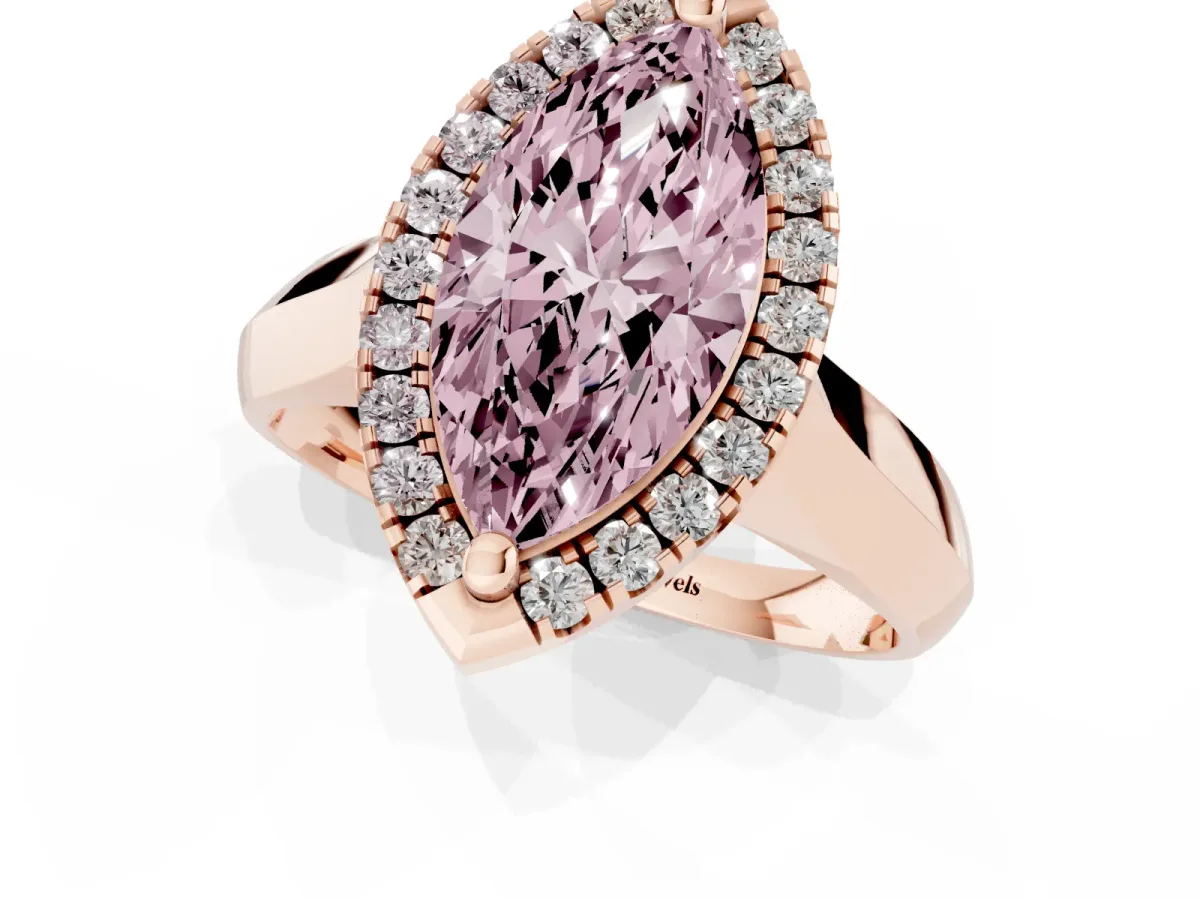 Fancy Pink Marquise Cut Cut Halo Solitaire Engagement Ring with Square Band and Four-Prong Setting Rose gold