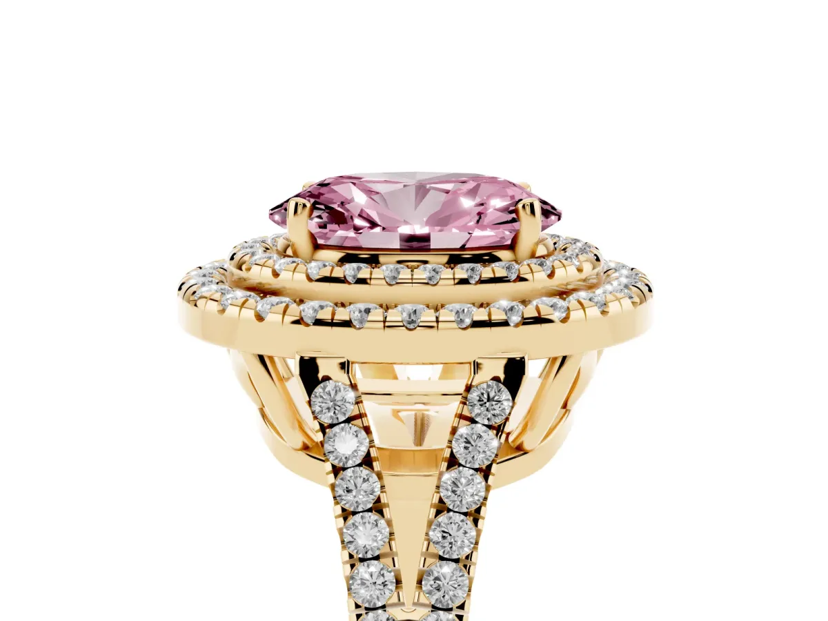 Fancy Pink Oval Cut Diamond Double Halo Ring with Pavé Band and Prong Setting Yellow gold