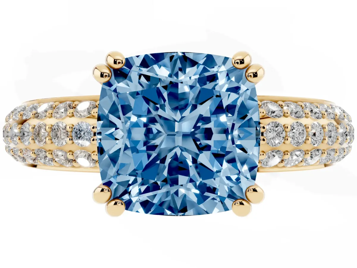 Fancy Blue Cushion Cut Diamond Solitaire Ring with Multi-Row Round Pavé Band and Prong Setting Yellow gold