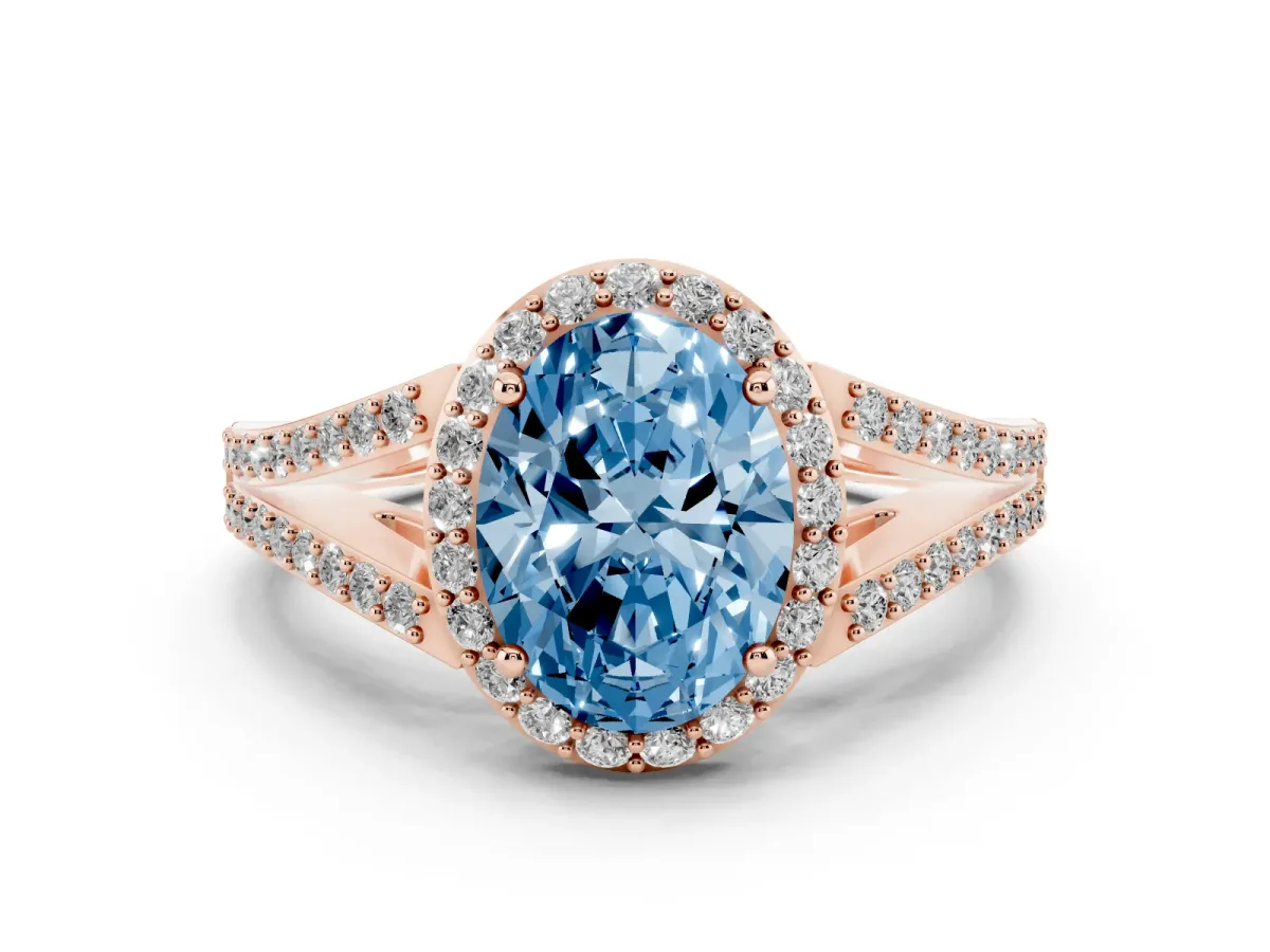 Fancy Blue Oval Cut Halo Split Shank Pave Diamond Ring with Four-Prong Setting Rose gold