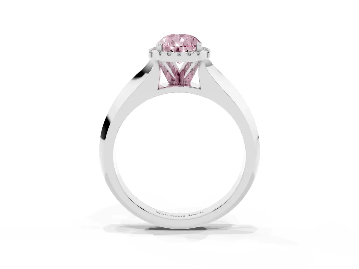 Fancy Pink Pear Cut Halo Diamond Ring with Cathedral Band and Four-Prong Setting Silver