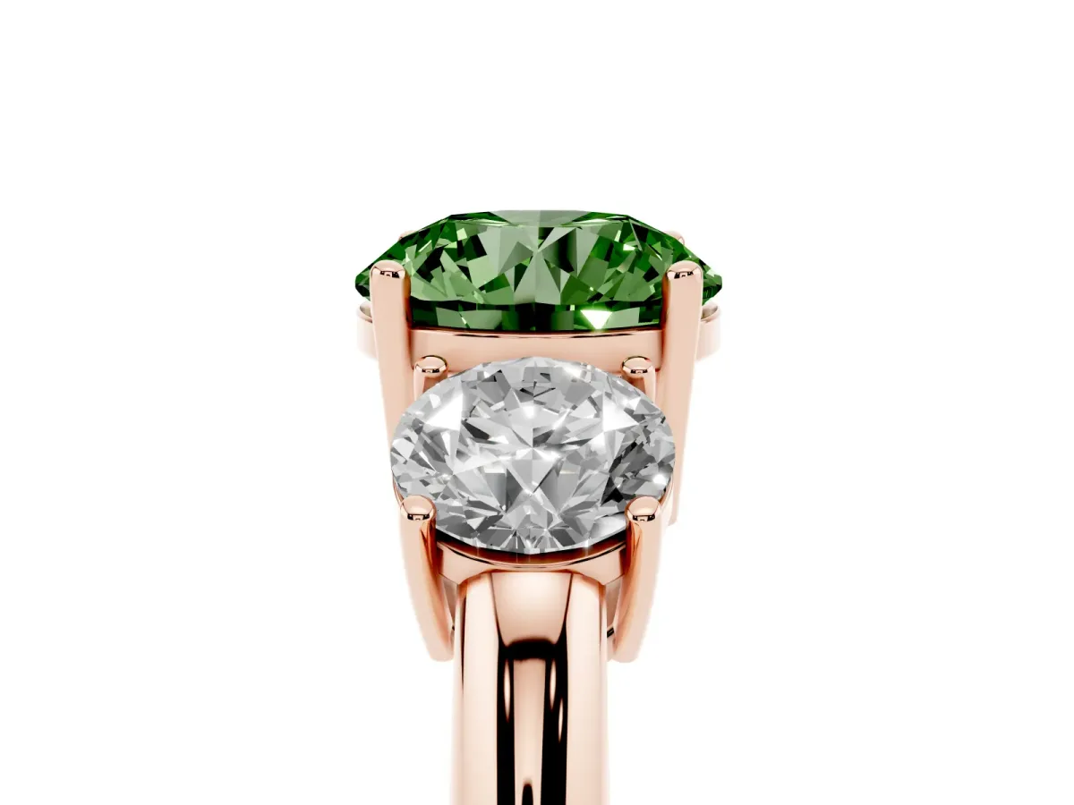 Fancy Green Three-Stone Round Cut Cut Diamond Engagement Ring with Prong Setting on a White Gold Band Rose gold