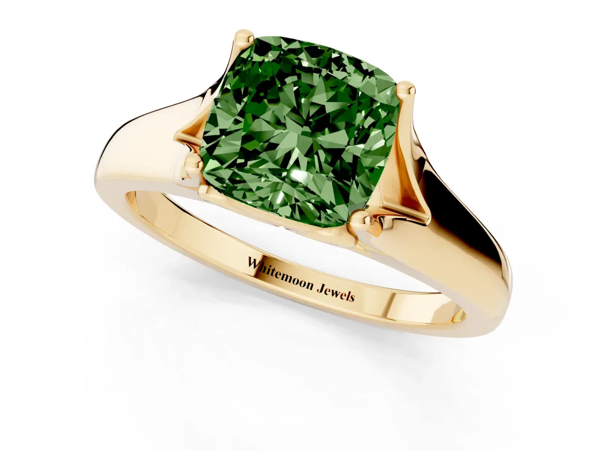 Fancy Green Cushion Cut Solitaire Diamond Ring with Cathedral Band and Four-Prong Setting Yellow gold