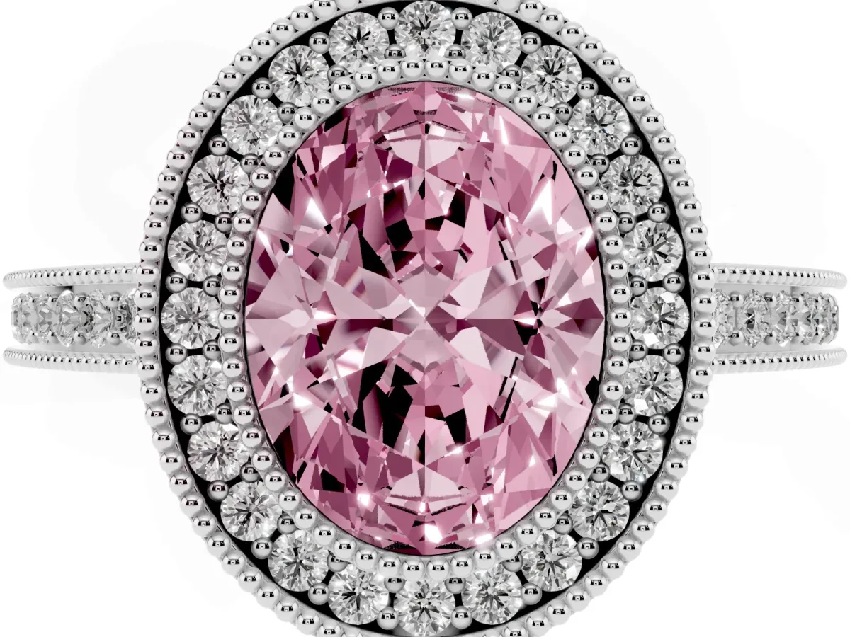 Fancy Pink Oval Cut Cut Halo Diamond Ring with Pavé Band and Milgrain Prong Setting Platinum