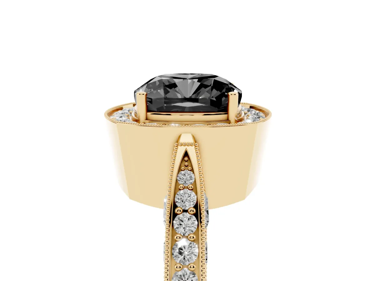 Fancy Black Cushion Cut Halo Diamond Engagement Ring with Split Shank Band and Four-Prong Setting Yellow gold