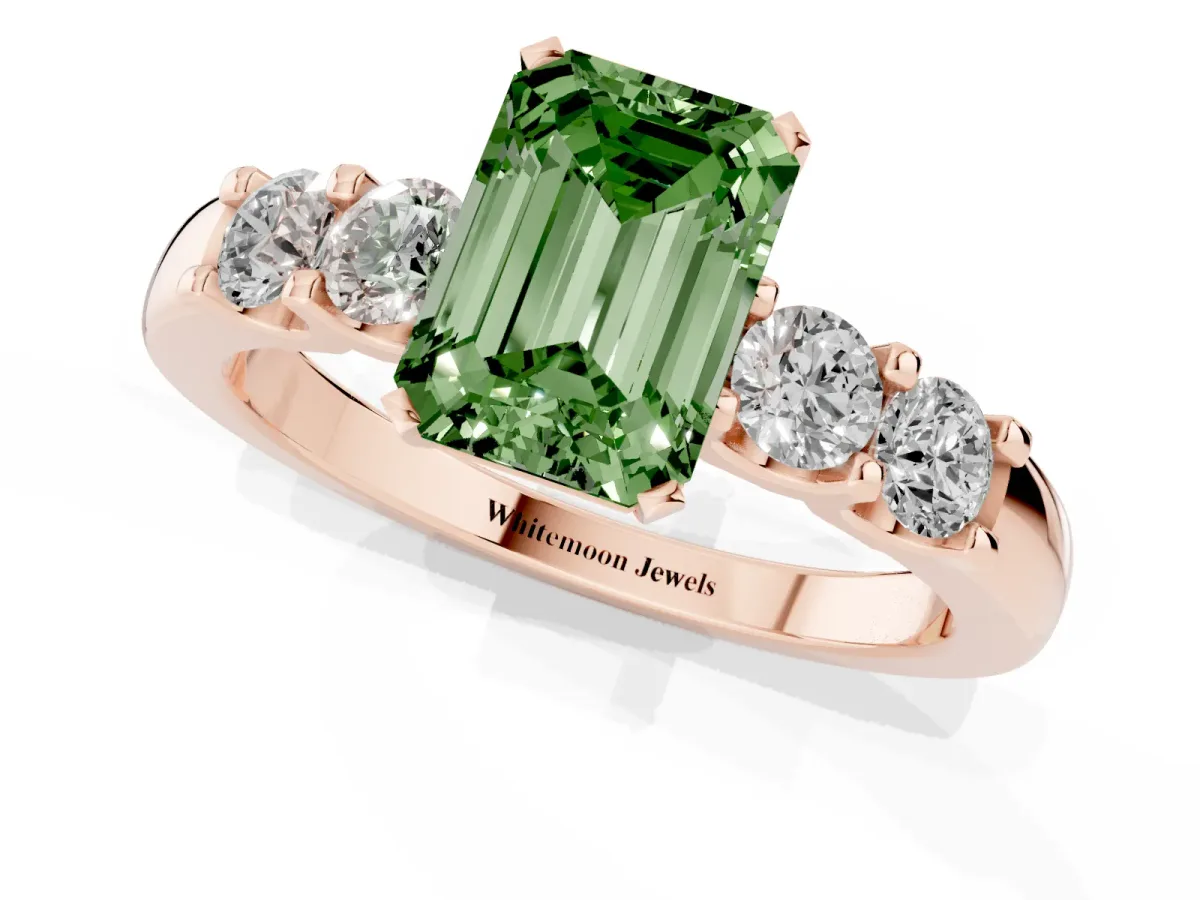 Fancy Green Emerald Cut Brilliant Cut Diamond Five-Stone Prong Set Engagement Ring with Channel Band Rose gold