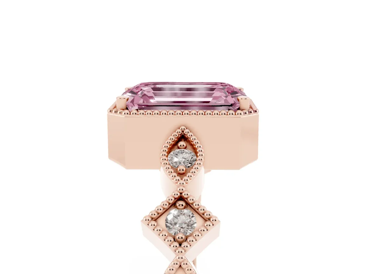 Fancy Pink Emerald Cut Milgrain Marquise Diamond Twist Band Ring Rose gold