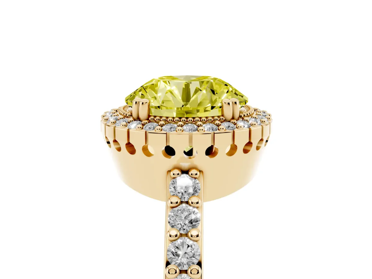 Fancy Yellow Round Cut Cut Diamond Halo Engagement Ring with Milgrain Detail and Pavé Band Yellow gold