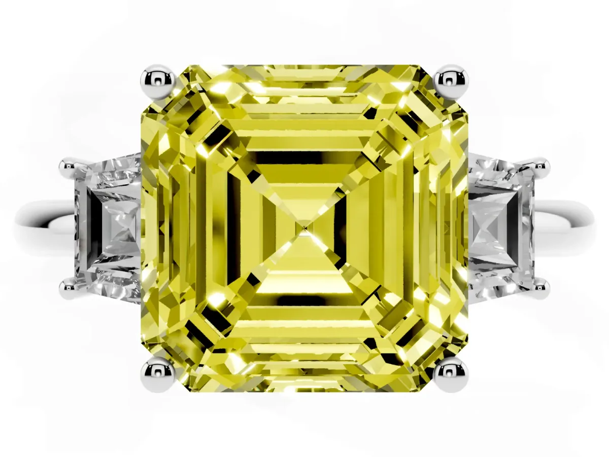 Fancy Yellow Asscher Cut Diamond Three-Stone Ring with Trapezoid Side Stones and Prong Setting Platinum