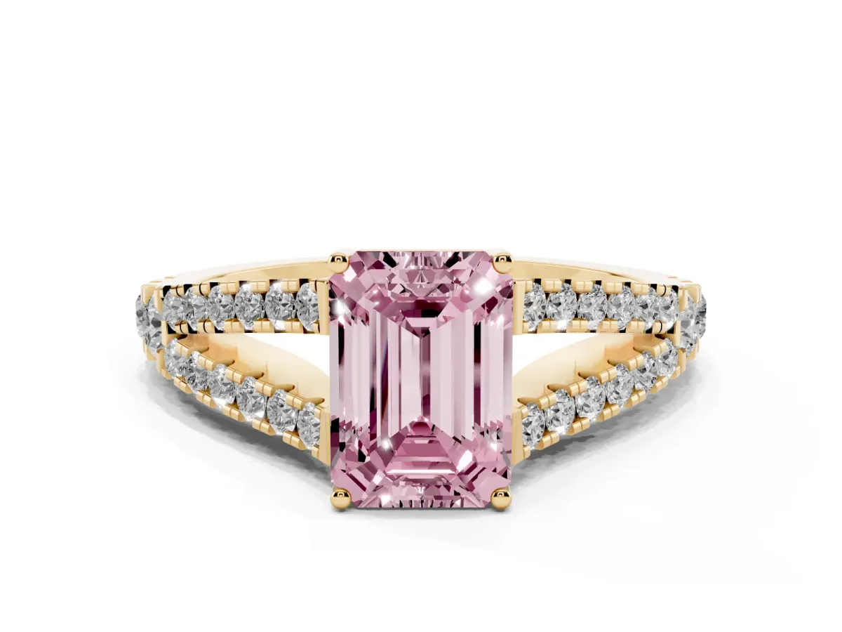Fancy Pink Emerald Cut Diamond Split Shank Engagement Ring with Round Pavé and Prong Setting Yellow gold