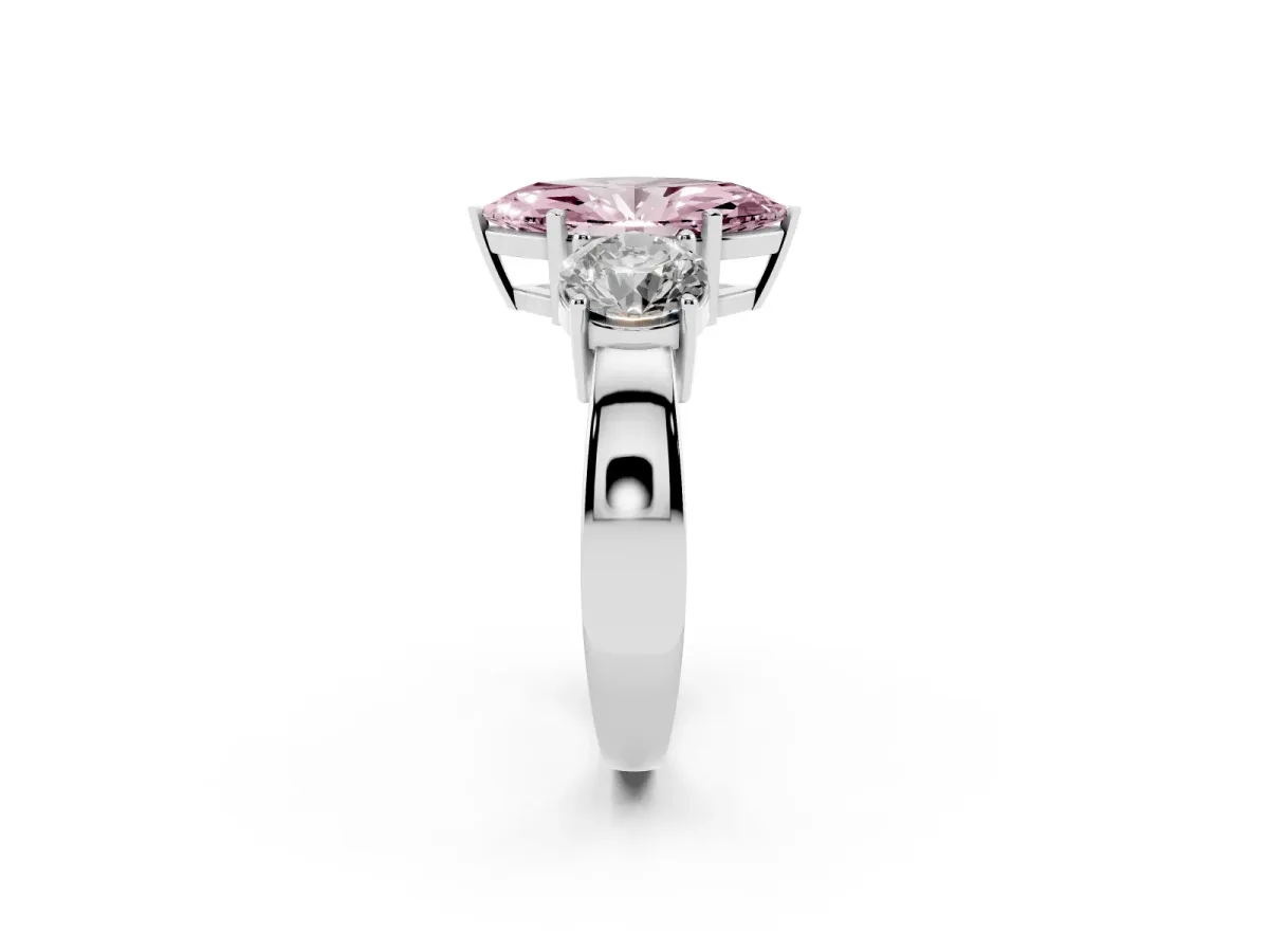 Fancy Pink Three-Stone Marquise Cut Diamond Ring with Round Side Stones, Classic Band, and Four-Prong Setting Platinum
