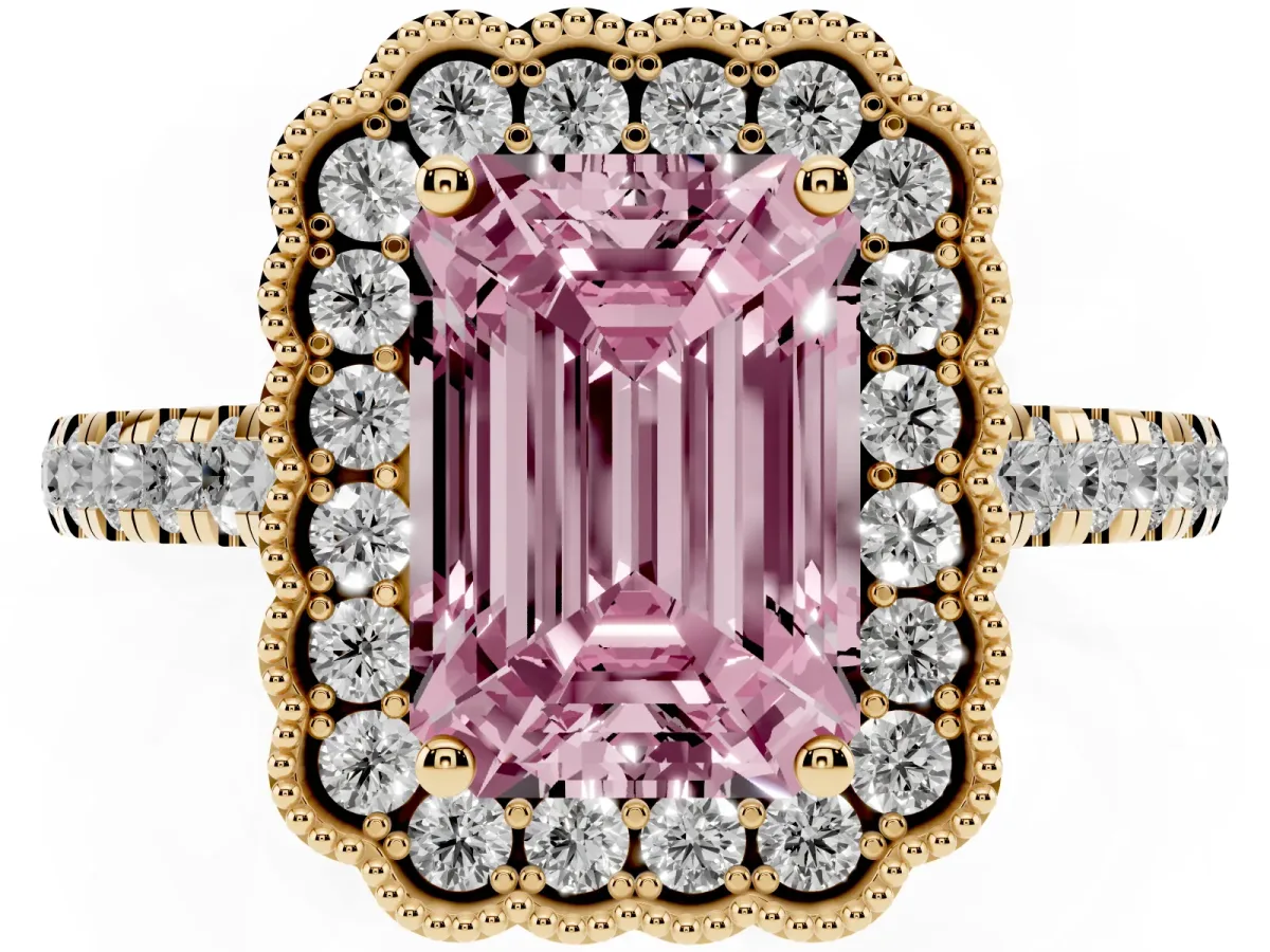 Fancy Pink Emerald Cut Cut Diamond Milgrain Floral Halo Engagement Ring with Pavé Band Yellow gold
