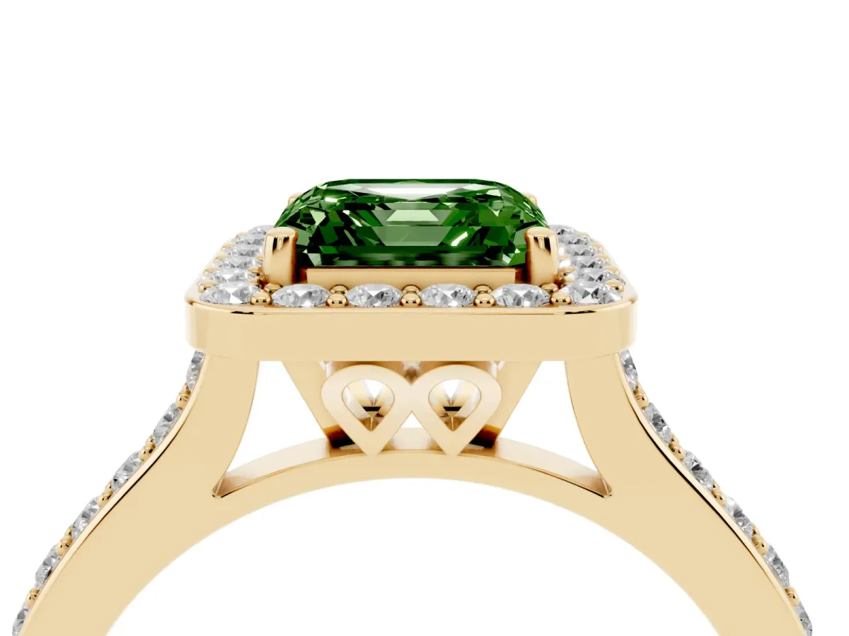 Fancy Green Asscher Cut Diamond Halo Engagement Ring with Round Pavé Shoulders and Prong Setting Yellow gold