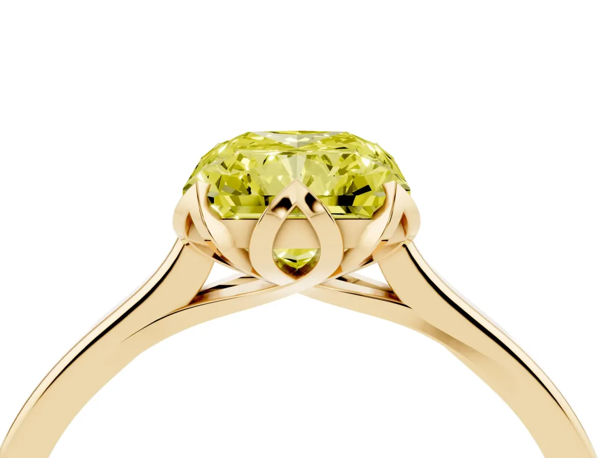 Fancy Yellow Radiant Cut Diamond Solitaire Ring with Flower Prong Setting and Classic Band Yellow gold