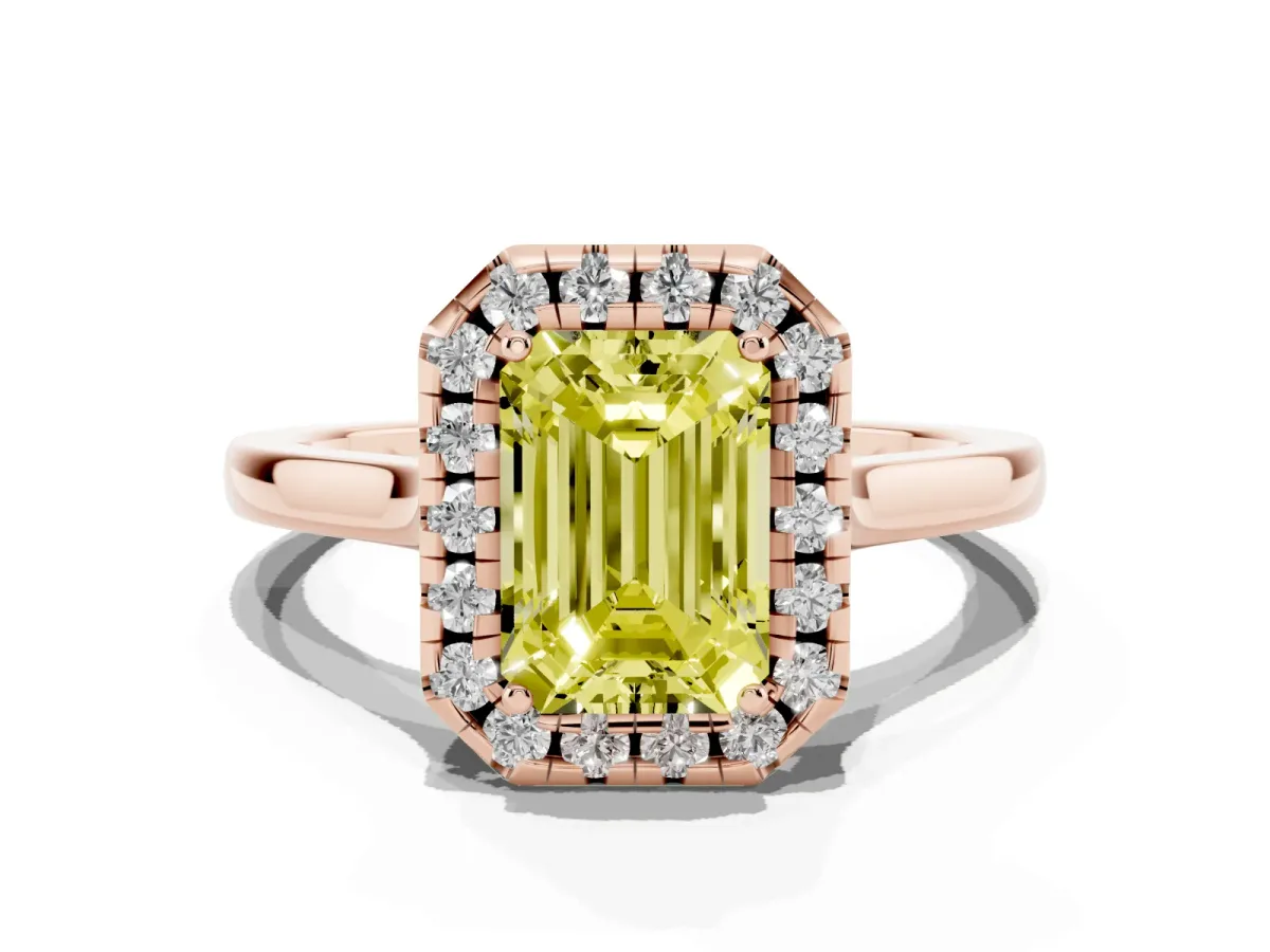 Fancy Yellow Emerald Cut Halo Round Diamond Solitaire Ring with Pavé Band and Four-Prong Setting Rose gold