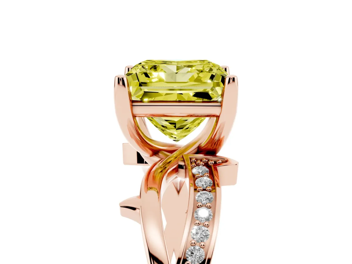 Fancy Yellow Princess Cut Solitaire Twist Band with Pavé Accents and Four-Prong Setting Rose gold