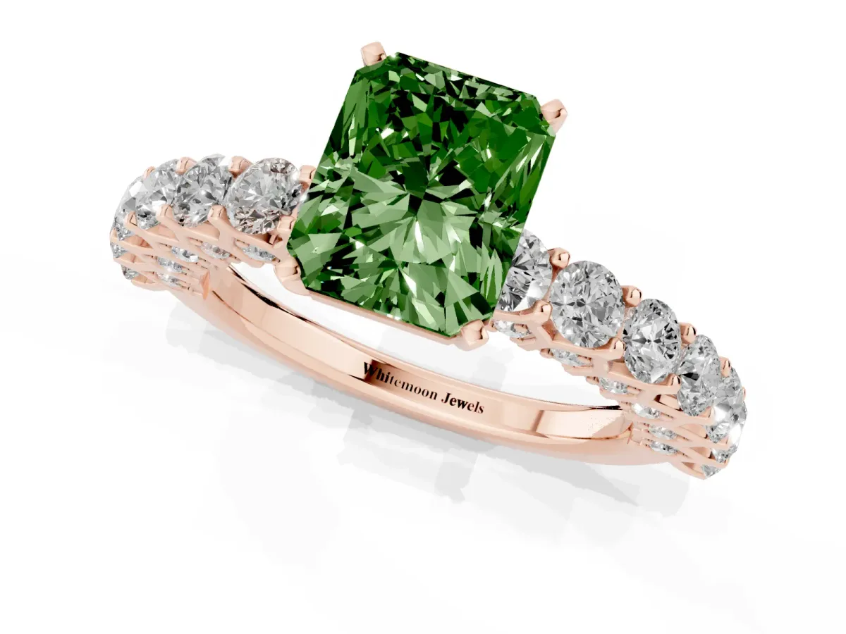 Fancy Green Radiant Cut Diamond Solitaire Ring with Shared Prong Pavé Band and Four-Prong Setting Rose gold