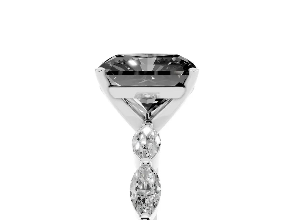 Fancy Black Radiant Cut Diamond Ring with Marquise Side Stones and Prong Setting Platinum