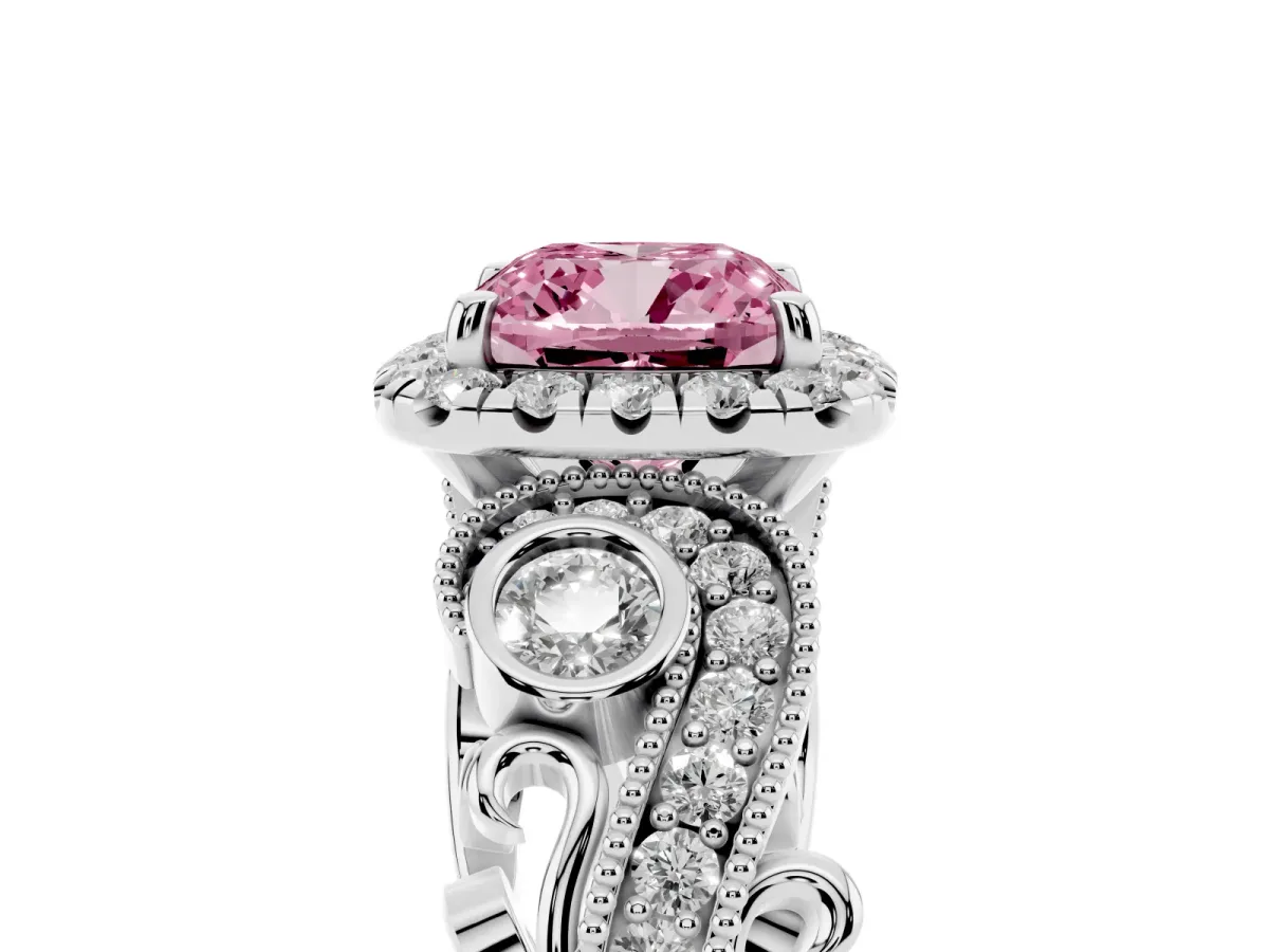 Fancy Pink Cushion Cut Diamond Halo Ring with Milgrain Pavé Band and Four-Prong Setting Silver