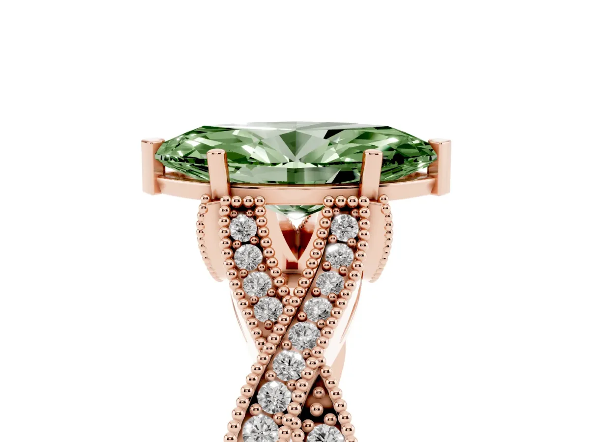 Fancy Green Marquise Cut Cut Diamond Twisted Band with Milgrain Pave Setting and Four-Prong Setting Rose gold