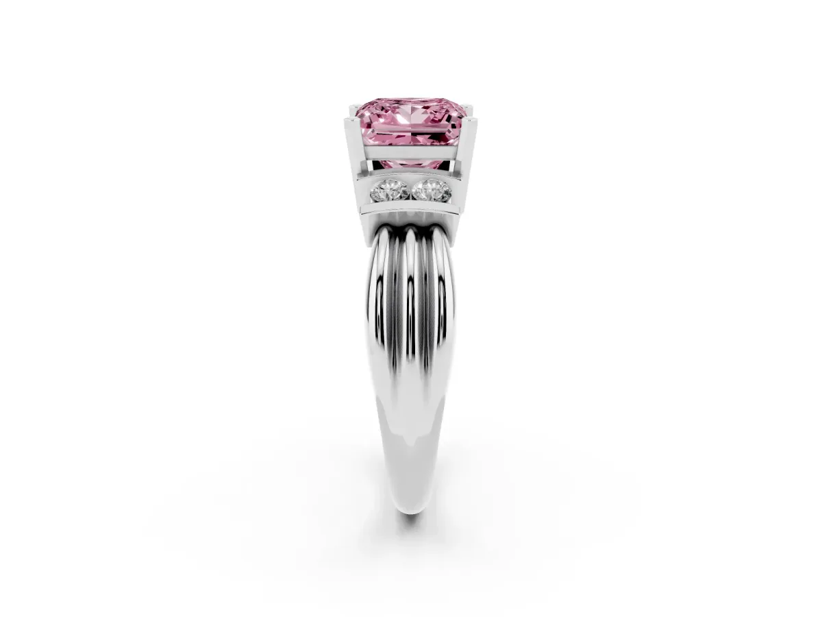Fancy Pink Princess Cut Cut Three-Stone Channel Set Ring with Bar Prongs Silver