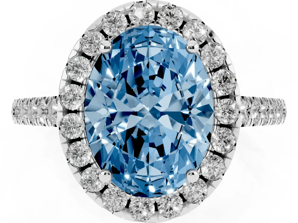 Fancy Blue Oval Cut Halo Pavé Diamond Engagement Ring with Four-Prong Setting Silver