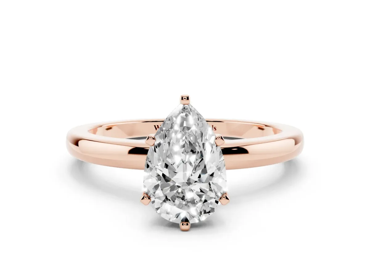 Pear Cut Solitaire Diamond Ring with Six-Prong Setting on a Classic Band Rose gold
