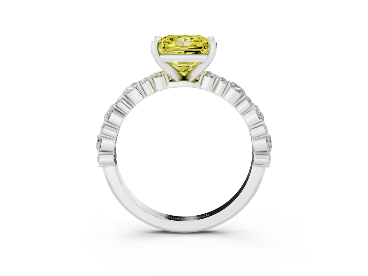 Fancy Yellow Princess Cut Diamond Side Stone Solitaire Ring with Round and Four-Prong Setting Silver