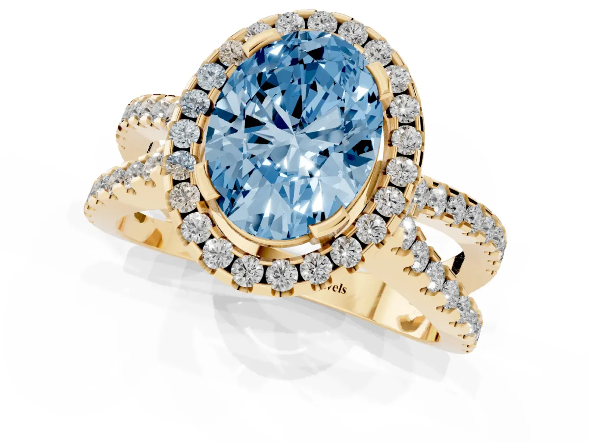 Fancy Blue Oval Cut Diamond Halo Ring with Split Shank Pavé Band and Prong Setting Yellow gold