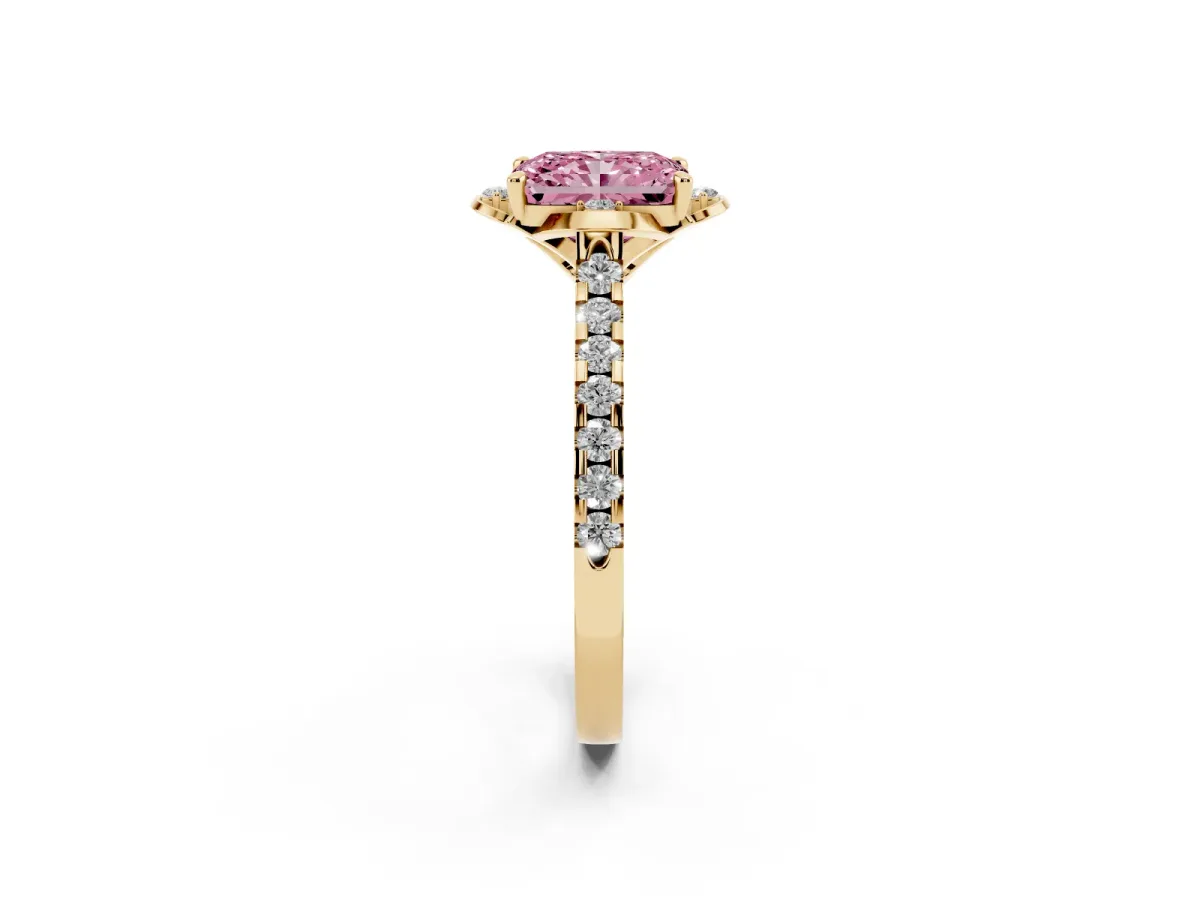 Fancy Pink Radiant Cut Diamond Ring with Pavé Band and Floral Prong Setting Yellow gold