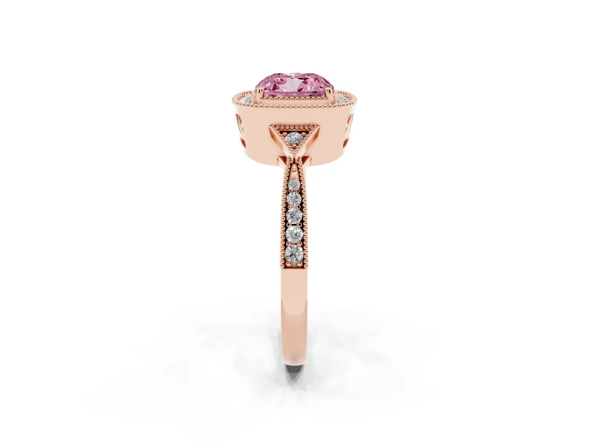 Fancy Pink Cushion Cut Halo Round Diamond Milgrain Pave Engagement Ring Rose gold