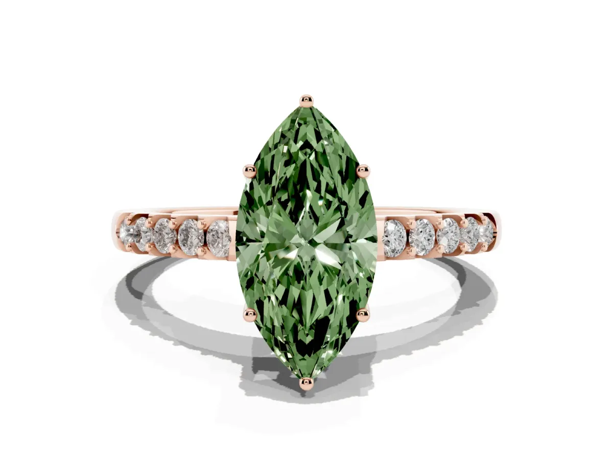 Fancy Green Marquise Cut Solitaire Diamond Engagement Ring with Pavé Band and Six-Prong Setting Rose gold