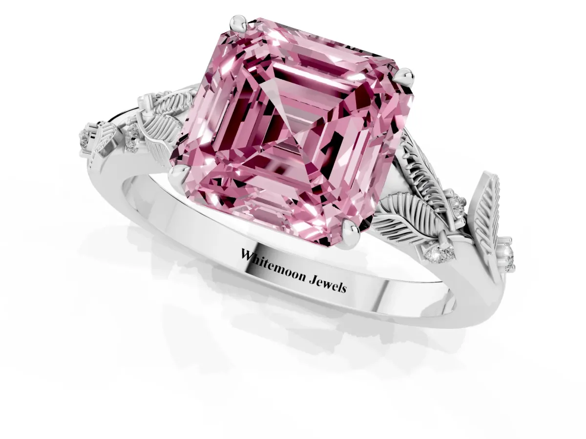 Fancy Pink Asscher Cut Diamond Solitaire Ring with Leaf Motif Band and Four-Prong Setting Platinum