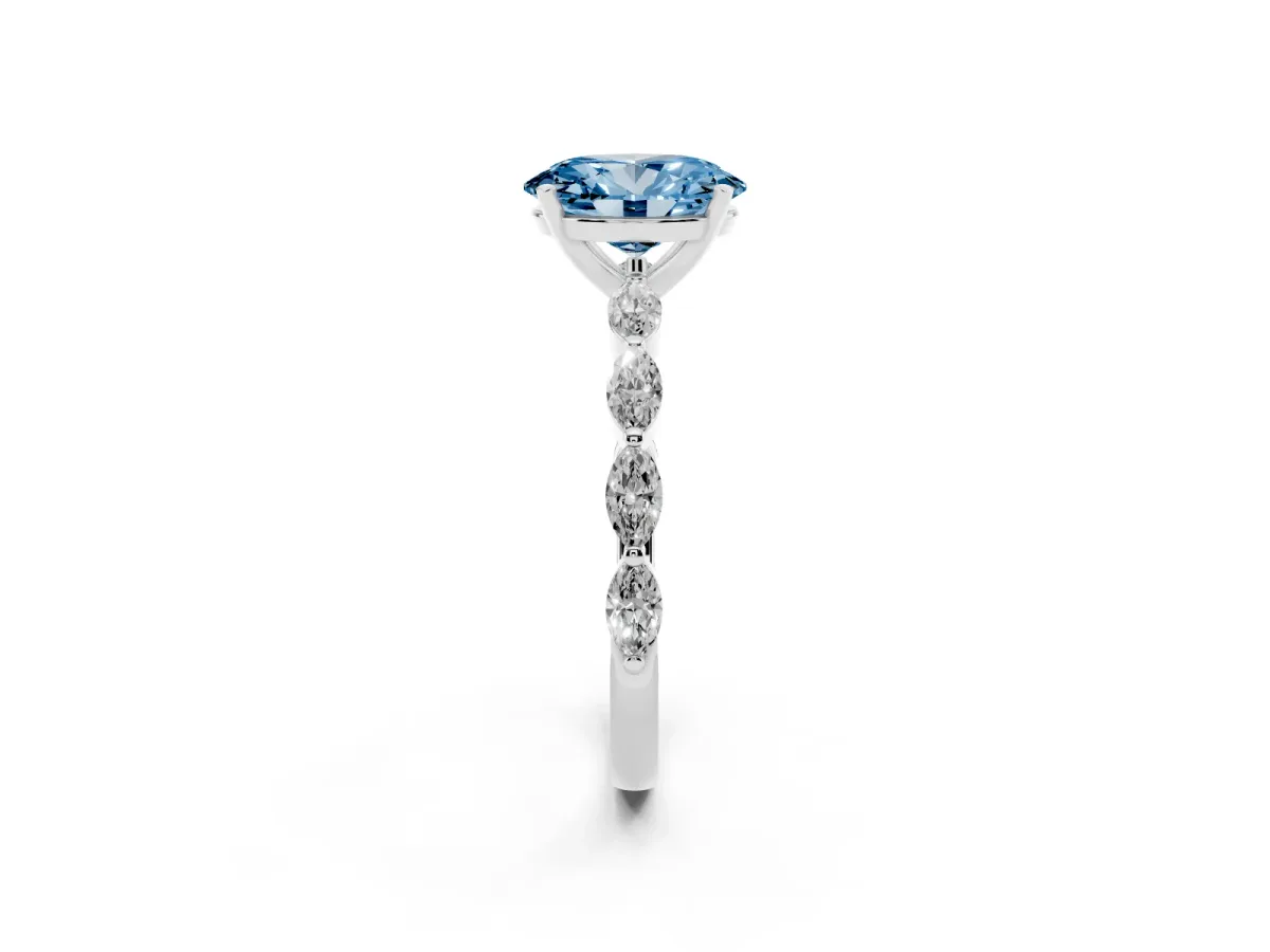 Fancy Blue Oval Cut Diamond Ring with Marquise Side Stones and Prong Setting Platinum