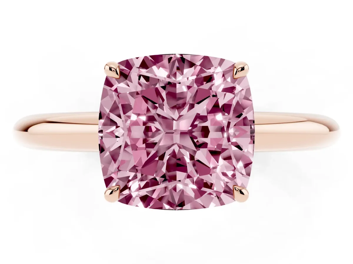 Fancy Pink Cushion Cut Brilliant Solitaire Engagement Ring with Six-Prong Setting and Classic Band Rose gold