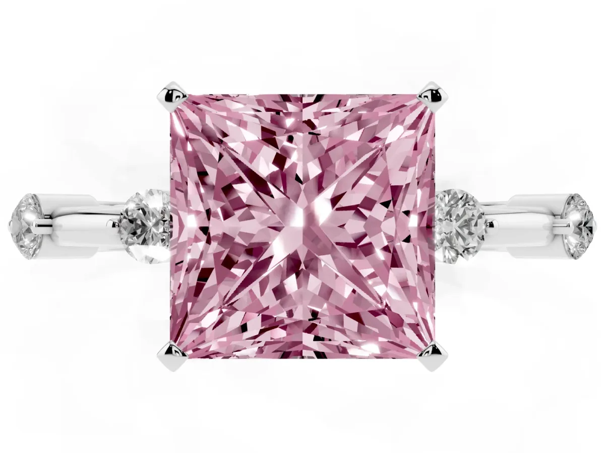 Fancy Pink Princess Cut Solitaire Diamond Ring with Bezel Set Side Stones and Prong Setting Silver