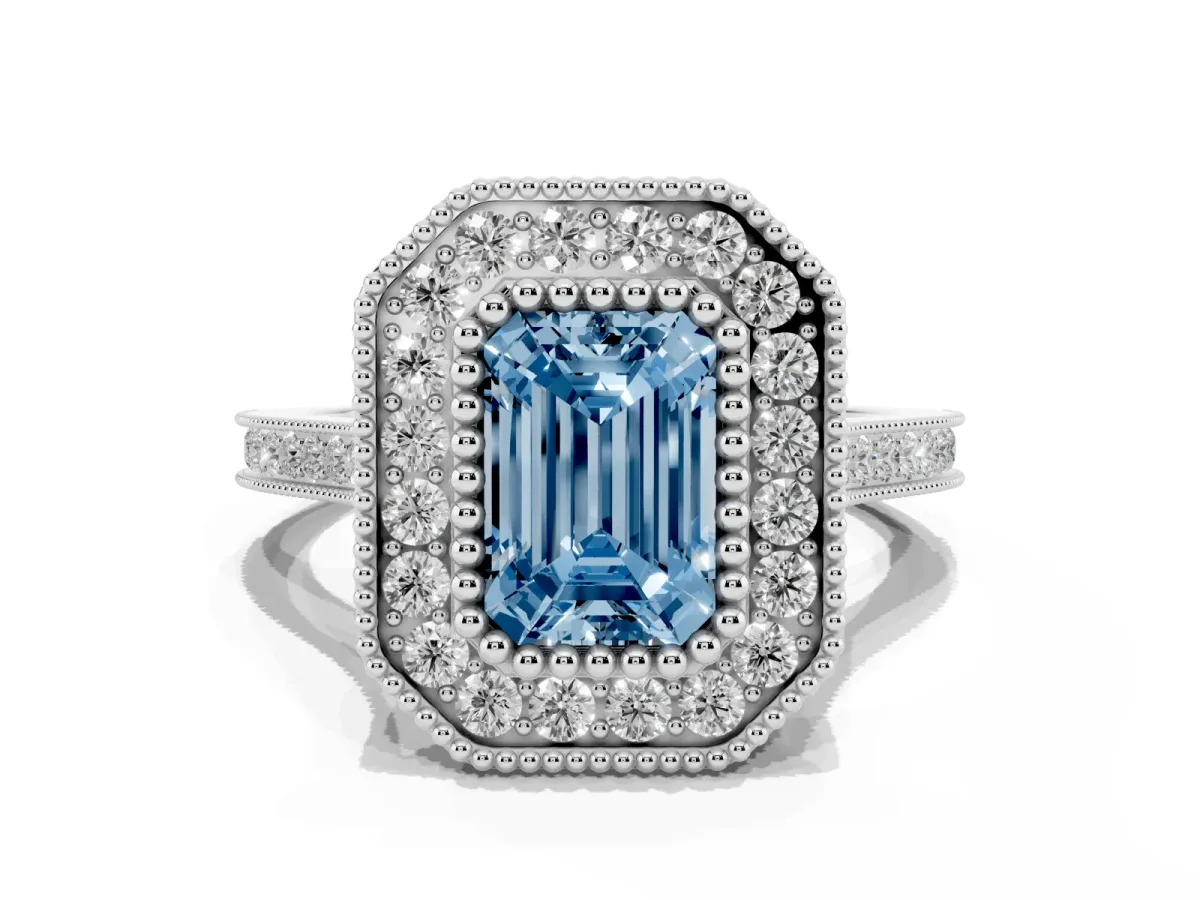 Fancy Blue Emerald Cut Diamond Halo Ring with Milgrain Frame and Pavé Band Silver