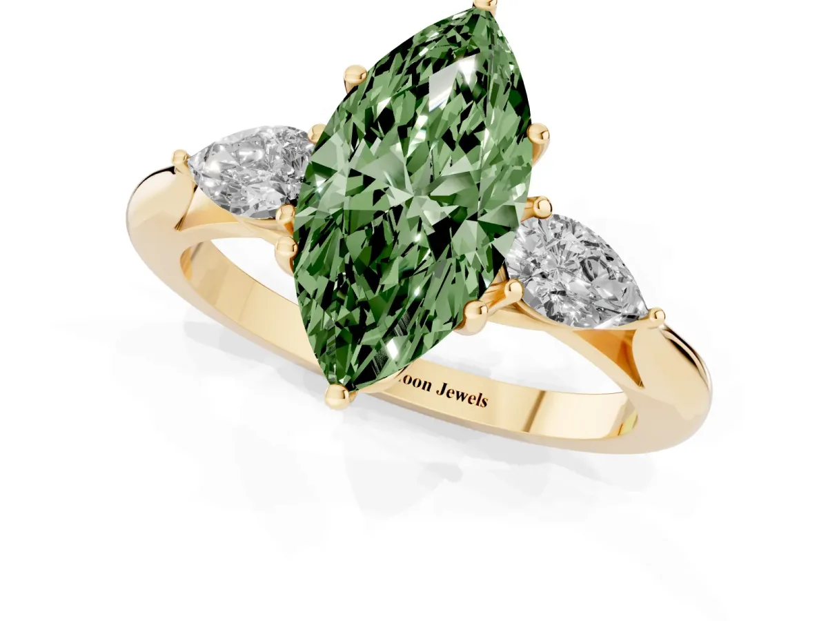 Fancy Green Three-Stone Marquise Cut Brilliant Diamond Solitaire Ring with Tapered Band and Four-Prong Setting Yellow gold
