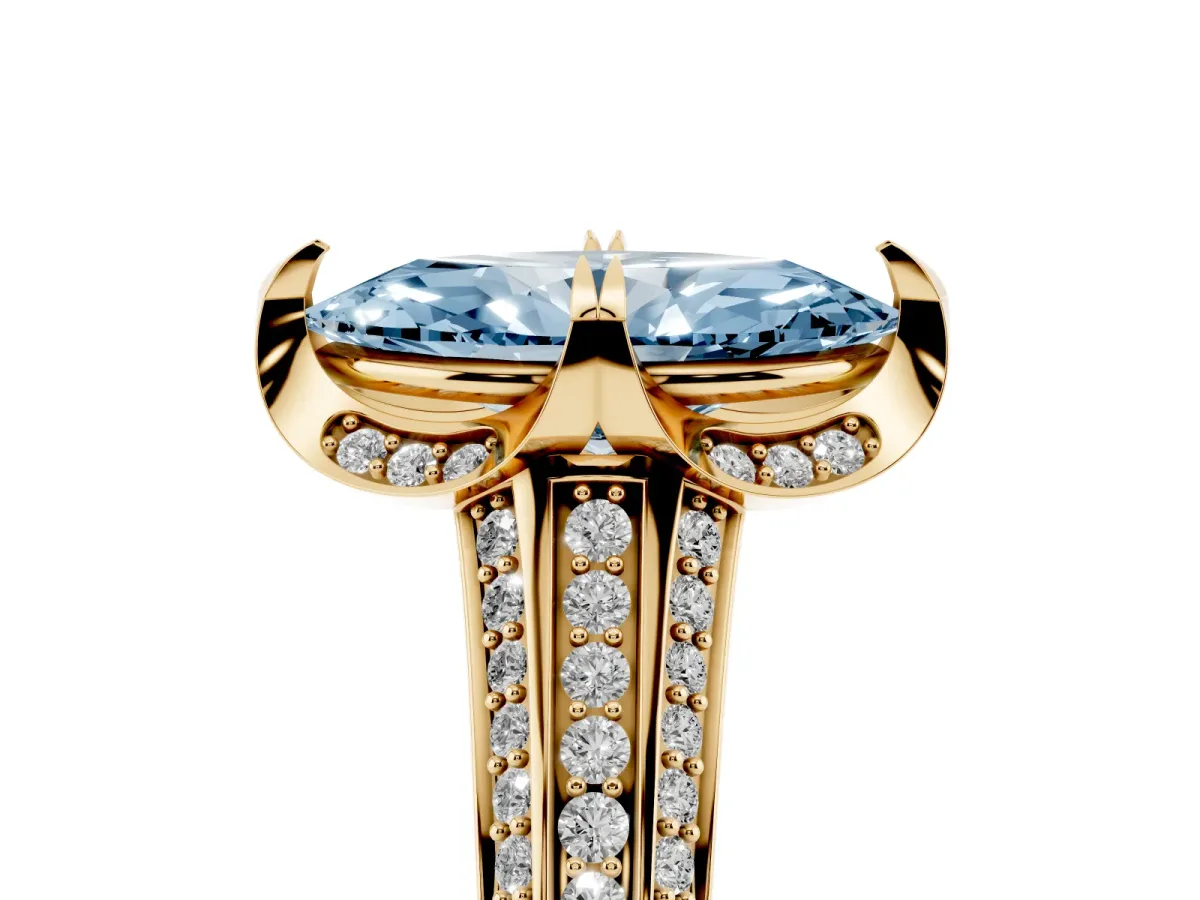 Fancy Blue Marquise Cut Solitaire Pave Split Shank Ring with Four-Prong Setting Yellow gold